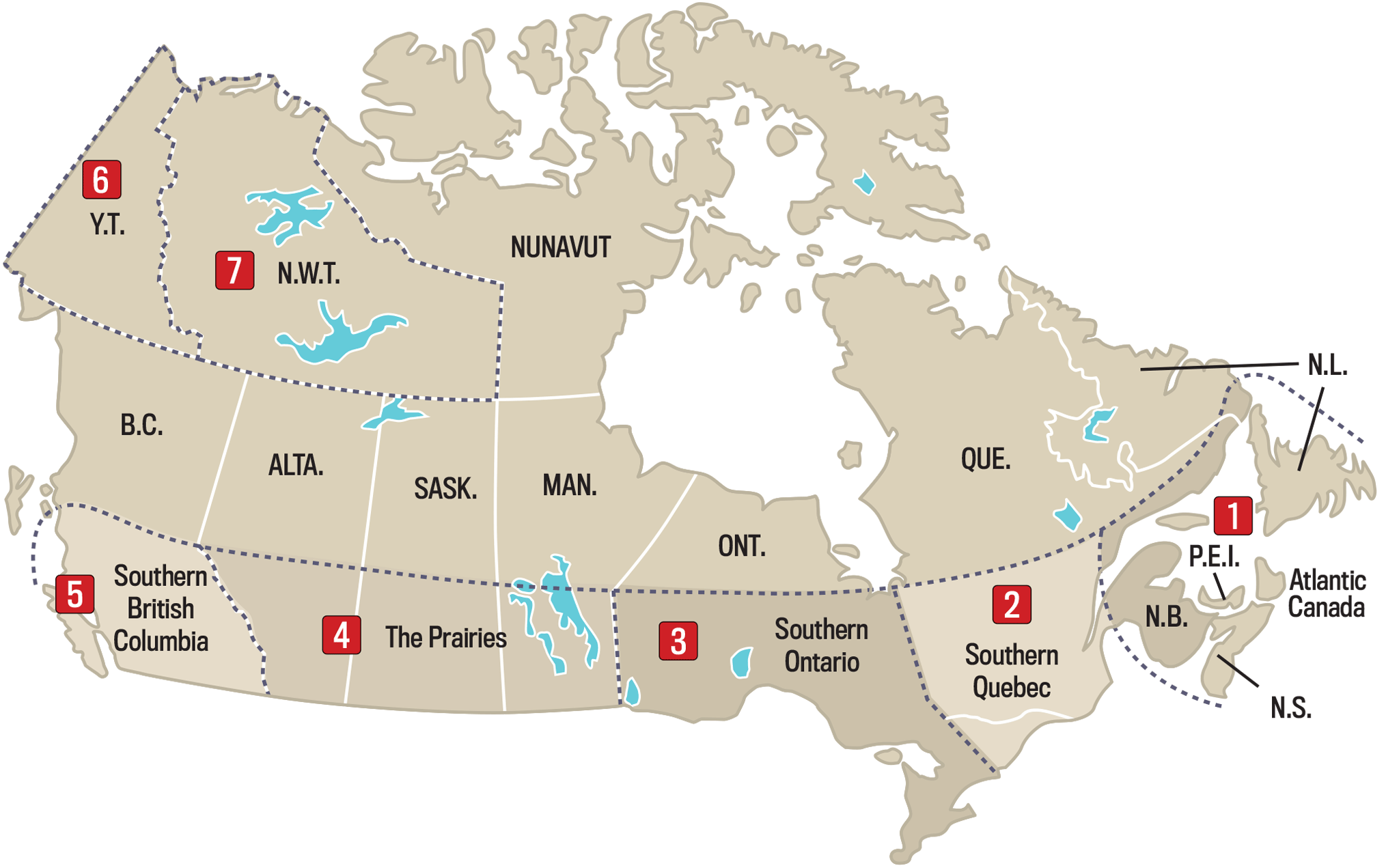 Long-range weather forecast map of Canada by region