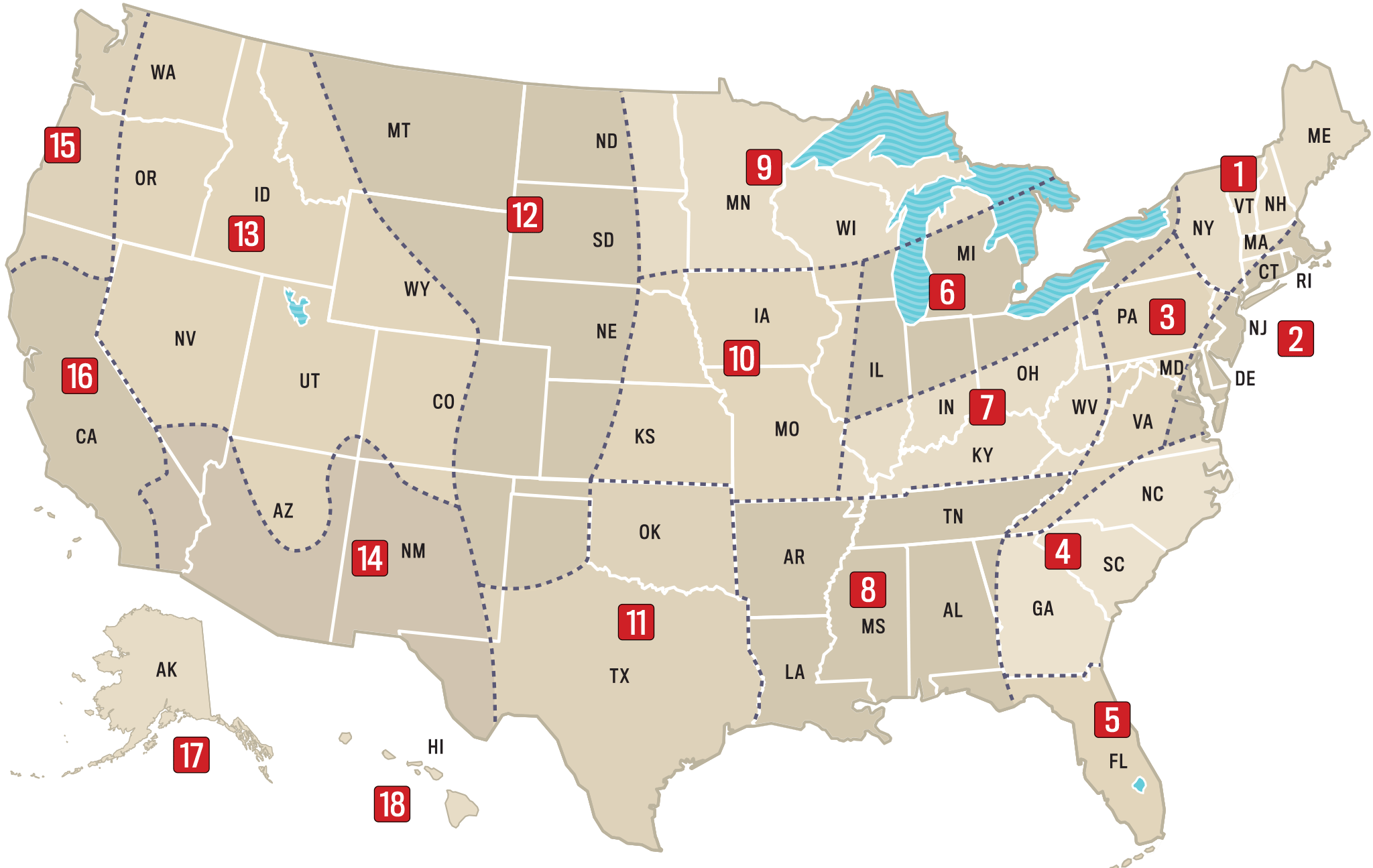 Long-range weather forecast map of the United States by region